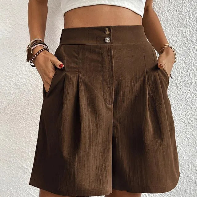 Női magas derekú rövidnadrág - Elegáns szabású - Gombos derékrész - Oldalsó zsebek