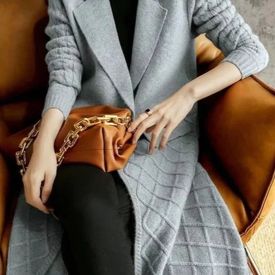 Női hosszú kardigán – Gyapjúkötés – Laza szabás – Nyitott elejű – Rombuszminta