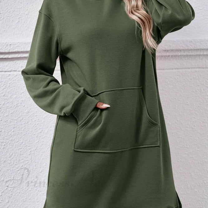 Kapucnis midi ruha hasítékkal és zsebbel