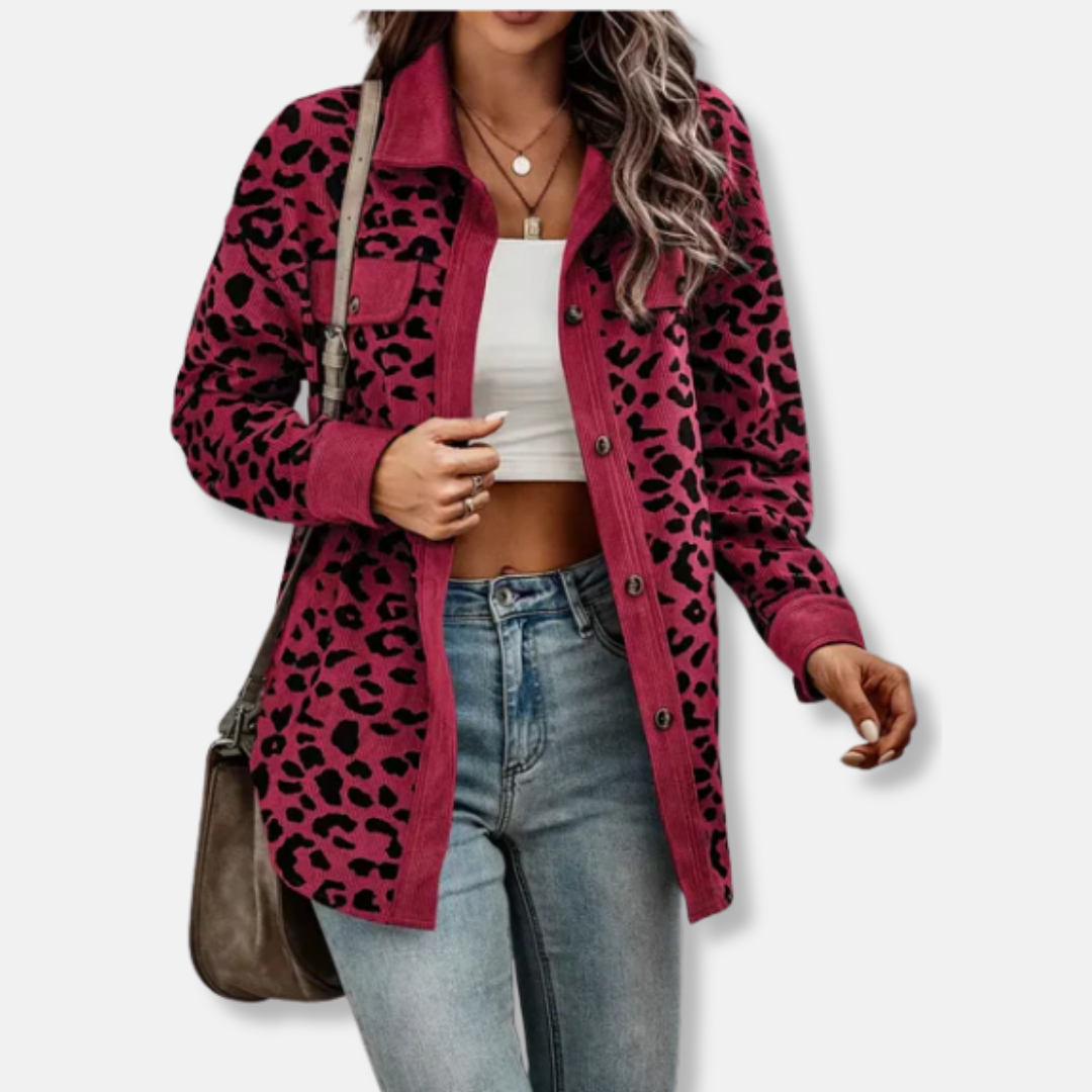 Női ingkabát - Kordbársony - Laza szabású - Hegyes gallérral - Leopárdmintás