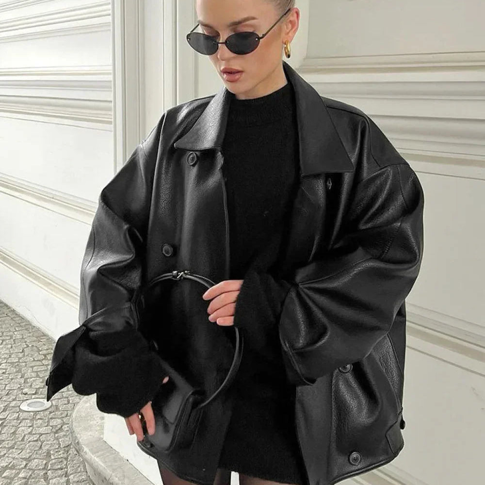 Retro bőr blézer elegáns gallérral