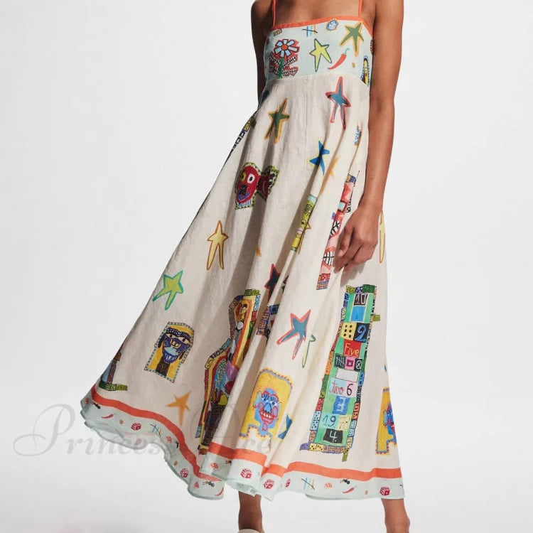Hosszú, kecses midi ruha pántokkal és egyedi graffiti mintával