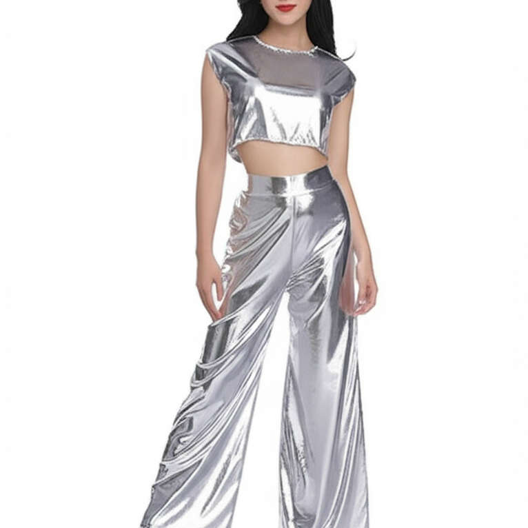 Fémes, rövidített felső és bő szárú nadrág szett nőknek