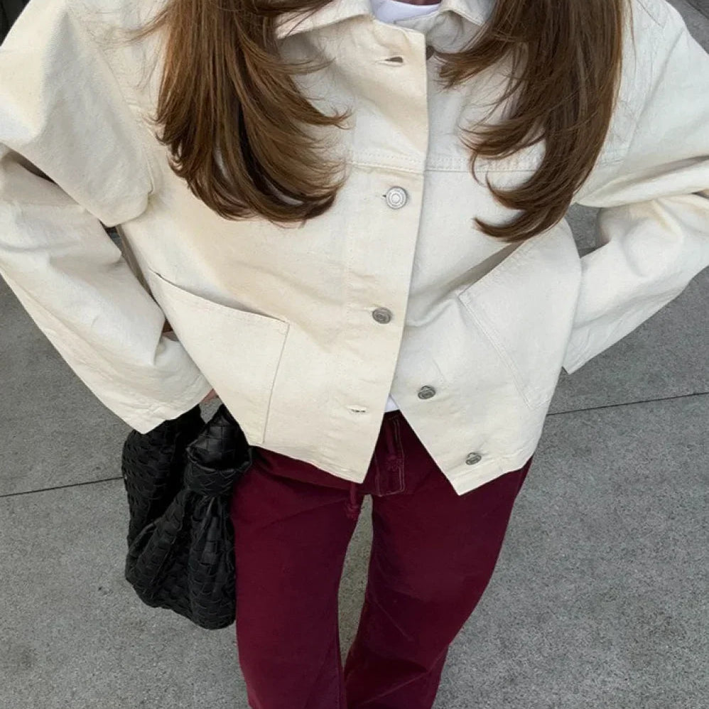 Egyszínű vintage vászon farmerdzseki széles hajtókával